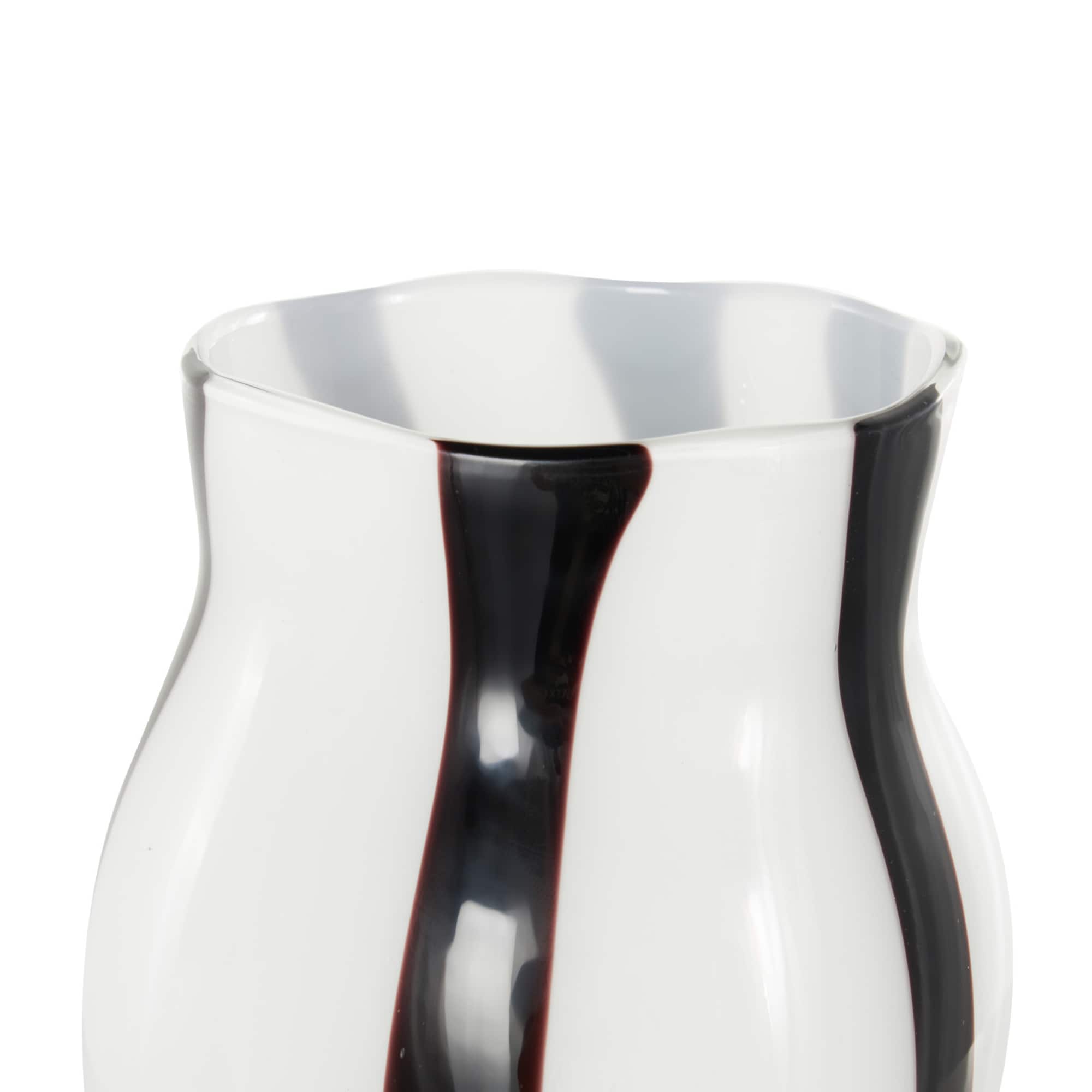 12" White & Black Stripes Round Concaved Glass Vase